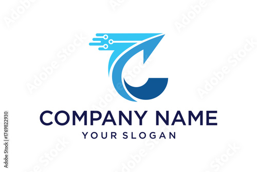 Abstract Letter C Technology Logo with Upward Arrow and Data Flow