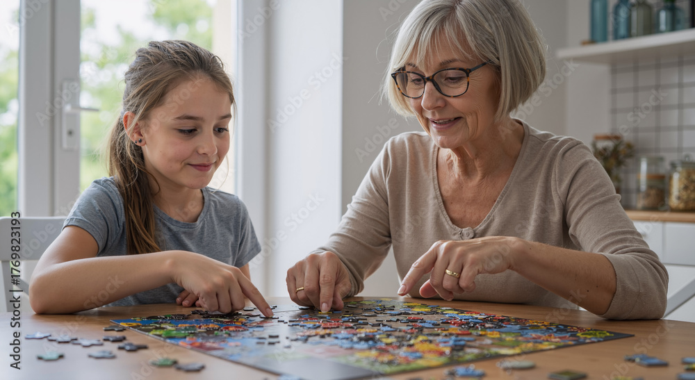 Fototapeta premium grandmother and granddaughter enjoy solving a colorful jigsaw puzzle at home on a sunny day