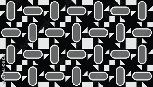 A seamless, minimalist geometric pattern featuring cream-colored ovals and triangles arranged in a grid on a black and gray background. This retro-modern design creates a clean, balanced look.