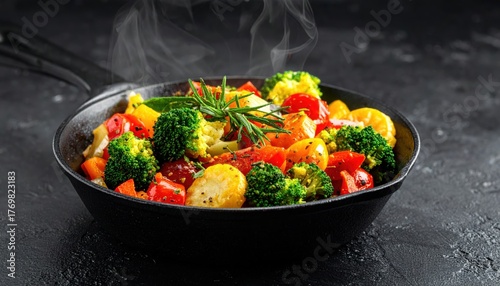 Colorful sautéed vegetables in a steaming cast iron skillet on a dark background.