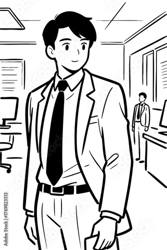 Suit-clad man in a company office. Business scene. Sales. Work. Commuting to work.