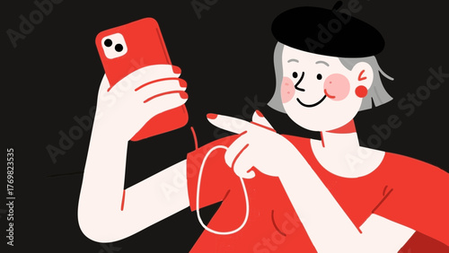 Illustration of a woman using a smartphone. She looks happy and satisfied. Communication. SNS. Dating apps. Games. Movies. Entertainment. Influencer.