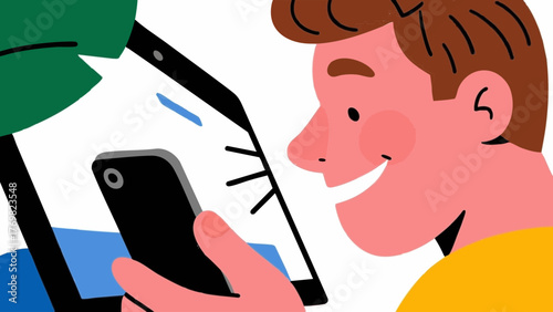 Illustration of a man using a smartphone. He looks happy. Satisfied. Communication. SNS. Dating app. Games. Movies. Entertainment.