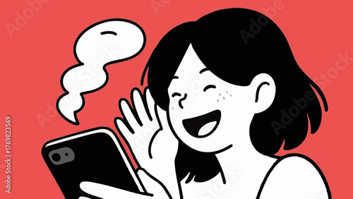 Illustration of a woman using a smartphone. She looks happy and satisfied. Communication. SNS. Dating apps. Games. Movies. Entertainment. Influencer.