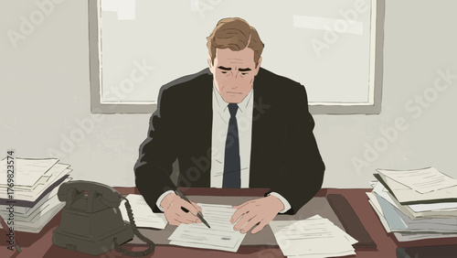 Illustration of a man feeling stressed at work. Business setting. Office. Job change. Neurosis. Mental health. Depression. Mental illness. Interpersonal relationships.
