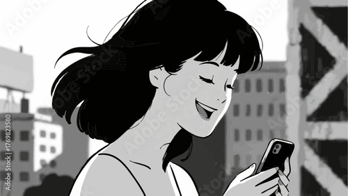 Illustration of a woman using a smartphone. She looks happy and satisfied. Communication. SNS. Dating apps. Games. Movies. Entertainment. Influencer.
