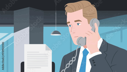 Illustration of a man answering a phone call. Business setting. Office. Sales. Landline phone.