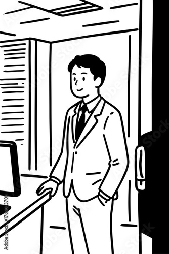 Suit-clad man in a company office. Business scene. Sales. Work. Commuting to work.