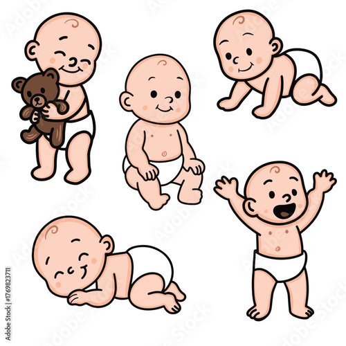 A cute baby character set featuring multiple poses including crawling,sitting,sleeping,standing and hugging a teddy bear.Adorable cartoon infant design with clean outlines and simple shapes.