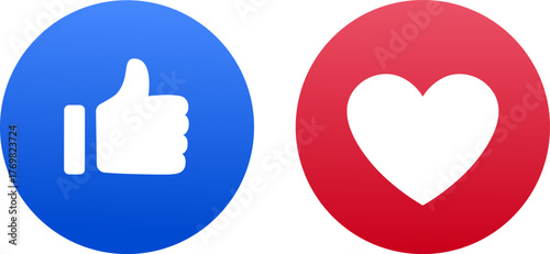 Isolated icons of thumbs-up and heart reactions, universal symbols of Like and Love on major social media platforms for high-impact images