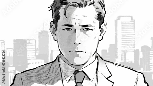 Illustration of a man feeling stressed at work. Business setting. Office. Job change. Neurosis. Mental health. Depression. Mental illness. Interpersonal relationships.