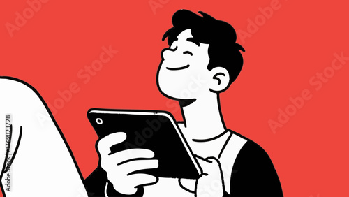Illustration of a man using a smartphone. He looks happy. Satisfied. Communication. SNS. Dating app. Games. Movies. Entertainment.