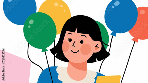 Balloon and woman illustration. Event or party imagery. Fun. Happy. Colorful.