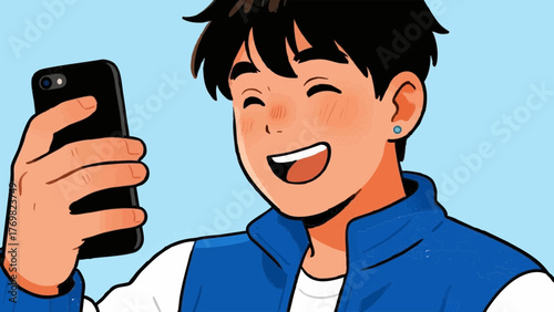 Illustration of a man using a smartphone. He looks happy. Satisfied. Communication. SNS. Dating app. Games. Movies. Entertainment.