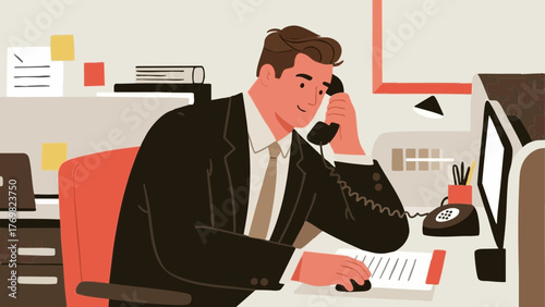 Illustration of a man answering a phone call. Business setting. Office. Sales. Landline phone.