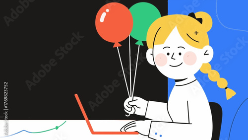 Balloon and woman illustration. Event or party imagery. Fun. Happy. Colorful.
