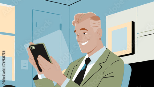 Illustration of a man using a smartphone. He looks happy. Satisfied. Communication. SNS. Dating app. Games. Movies. Entertainment.