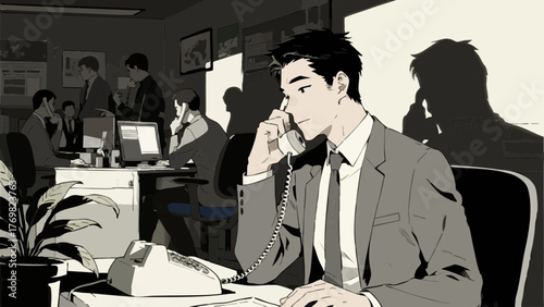 Illustration of a man answering a phone call. Business setting. Office. Sales. Landline phone.