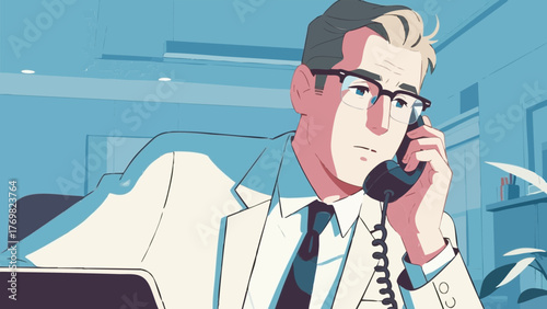 Illustration of a man answering a phone call. Business setting. Office. Sales. Landline phone.