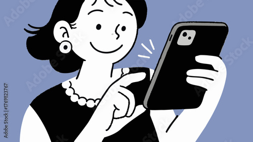 Illustration of a woman using a smartphone. She looks happy and satisfied. Communication. SNS. Dating apps. Games. Movies. Entertainment. Influencer.