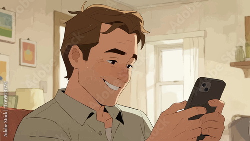 Illustration of a man using a smartphone. He looks happy. Satisfied. Communication. SNS. Dating app. Games. Movies. Entertainment.