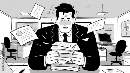 Illustration of a man feeling stressed at work. Business setting. Office. Job change. Neurosis. Mental health. Depression. Mental illness. Interpersonal relationships.