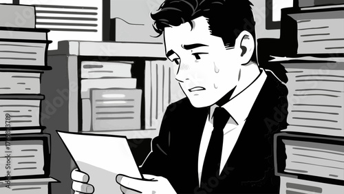 Illustration of a man feeling stressed at work. Business setting. Office. Job change. Neurosis. Mental health. Depression. Mental illness. Interpersonal relationships.