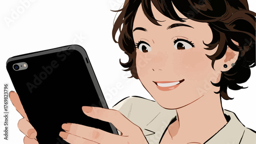 Illustration of a woman using a smartphone. She looks happy and satisfied. Communication. SNS. Dating apps. Games. Movies. Entertainment. Influencer.