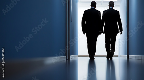 Two figures in dark suits walk away down a glossy hallway, their silhouettes stark against the bright end, leaving a visual impression of anonymity and purpose.