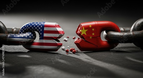concept of trade conflict with broken chain links and us and china flags