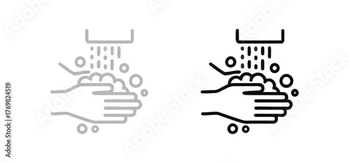 Hands being washed under running water with soap in a conceptual line drawing