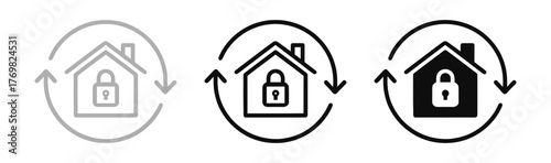 Home Security Icons Displaying Padlock Inside House Shape Surrounded by Looping Arrows