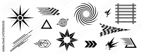 Collection of graphic symbols including stars, swirl, checkered flag and arrow