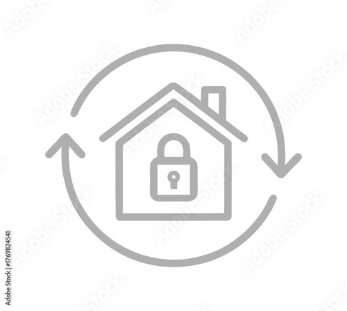 Home Security System Icon with Padlock Inside a House with Circular Arrows Symbolizing Protection