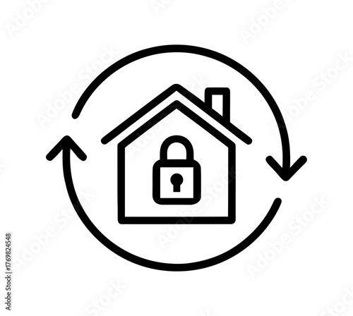 Outline of a house with a padlock symbol inside of it and arrows rotating around it