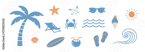 Summer vacation themed set of icons featuring palm tree, sunglasses, and ocean waves