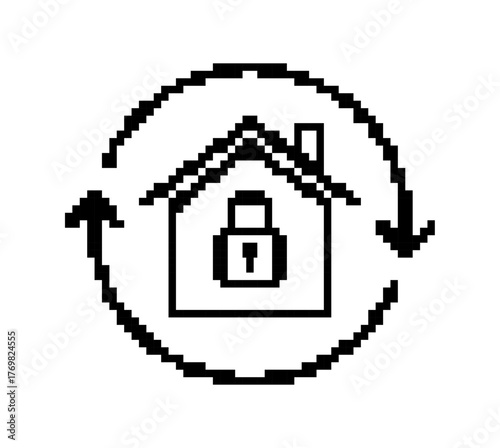 Secured Home Pixel Icon with Circular Arrows for Protection Loop