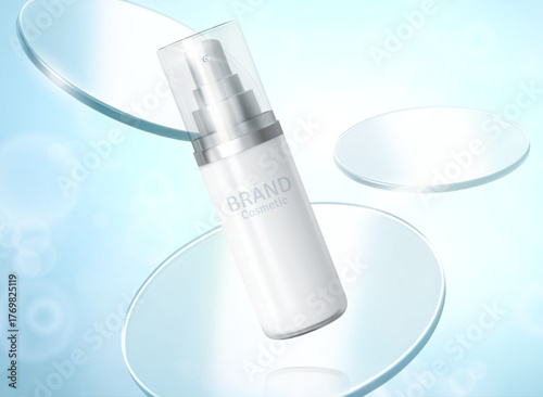 Cosmetic product ads template on blue background with glass plate.Beautiful cosmetic templates for ads, realistic 3d silver bottle on a light blue background. Beauty design for premium product