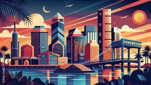 Very beautiful Jacksonville vector travel poster in cinematic minimal landscape art style, featuring the skyline, St. Johns River, and modern architecture with warm sunset tones capturing Florida’s 