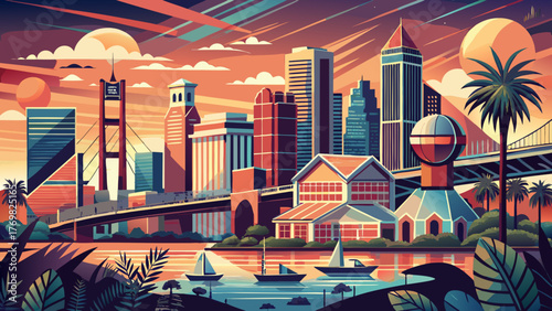 Very beautiful Jacksonville vector travel poster in cinematic minimal landscape art style, featuring the skyline, St. Johns River, and modern architecture with warm sunset tones capturing Florida’s 