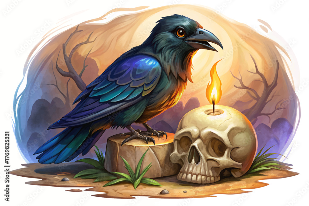 Obraz premium Black raven sitting on human skull beside candle isolated on white background symbolizing gothic mystery
