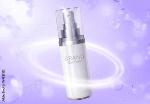 Cosmetic product ads template.Beautiful cosmetic templates for ads, realistic 3d silver bottle on a light purple background. Beauty design for premium product