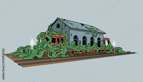 A forgotten train station with overgrown platforms where time stands still and the echoes of past travelers can be felt in the cool still air.