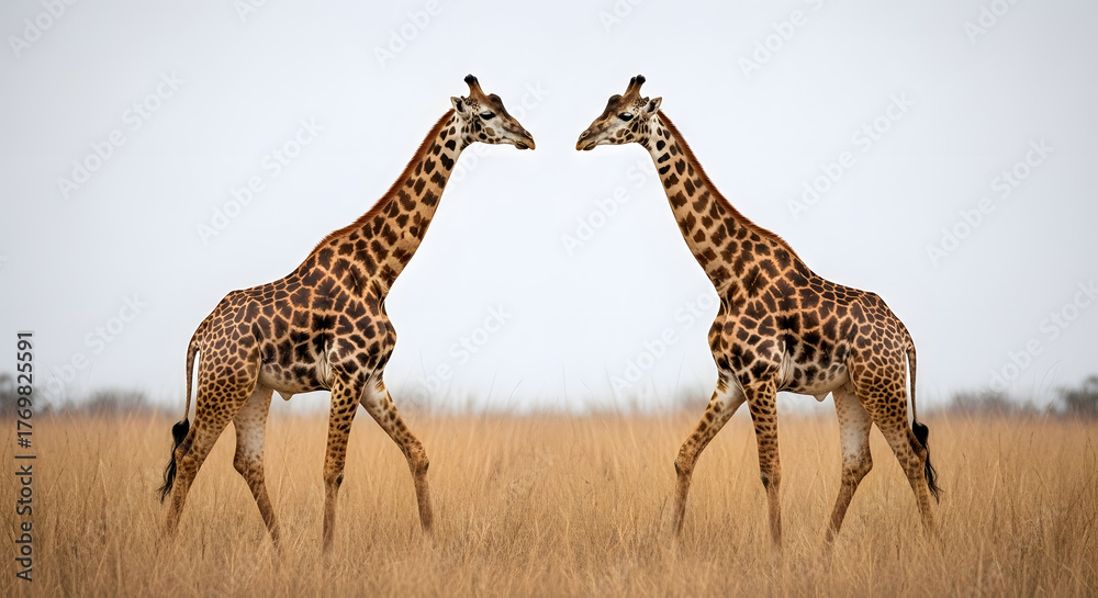 Obraz premium Two Giraffes Standing in Grassy Field Wildlife Animal Nature Photography