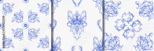 Vintage Baroque or renaissance Seamless pattern hand drawn Victorian set of ornament floral elements engraved retro flower decorative design heraldic swirls.