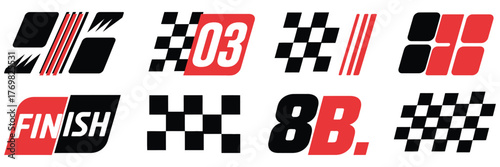 Racing Cars Vector Illustration Set with Stripes, Checkered Flags, Motocross Themes, Sport Decals, Tuning Stickers, and Dynamic Motorsport Design