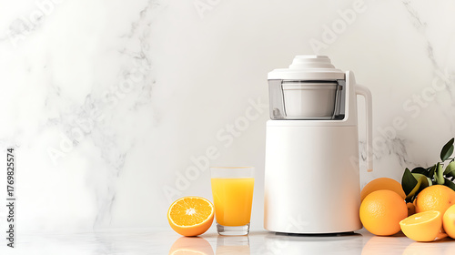 An inviting still life composition shows a pristine white juice extractor alongside a clear glass of freshly squeezed orange juice. Fresh oranges are placed nearby on a marble surface.