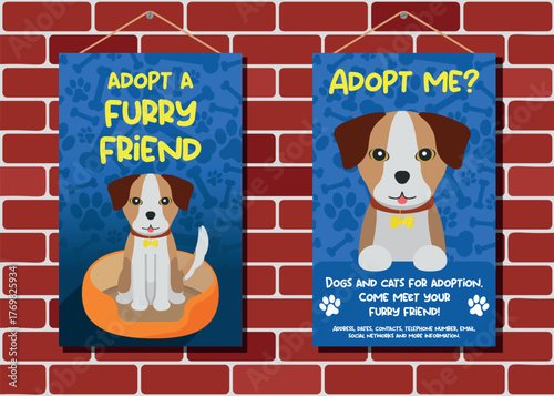 Set of Adoption Poster Illustration Hanging on Red Brick Wall  - Adopt a Furry Friend, Adopt Me. Cute Dog on Blue Background with Footprints and Bones.