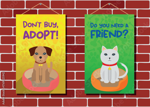 Set of Adoption Poster Illustration Hanging on Red Brick Wall  - Don't Buy, Adopt, Do You Need a Friend. Dog and Cat on Yellow and Green Backgrounds.
