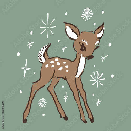 Winter Christmas New Year cute boho fairy tale baby rein deer without antlers animal icon print with snowflakes and evergreen brunches ornament elements, vector art flat dry brush cartoon hand-drawn